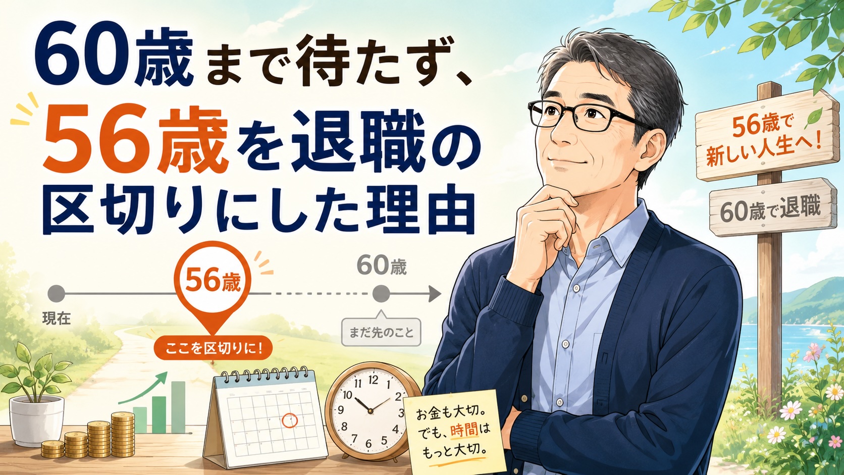 56歳での退職を人生の区切りに考える50代男性が、60歳ではなく56歳を選ぶ理由をイラストで表したアイキャッチ