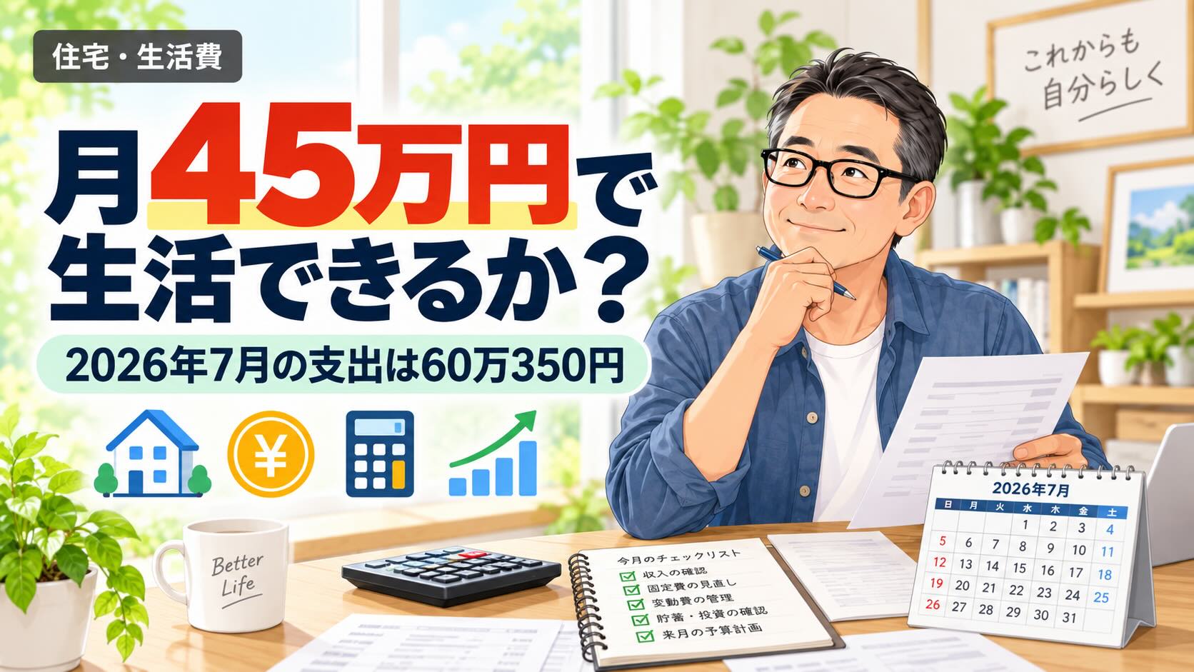 月45万円で生活できるかをテーマに、2026年7月の支出60万350円を紹介するアイキャッチ。家計を確認する50代男性と、住宅・お金・電卓・グラフのイメージが描かれている。