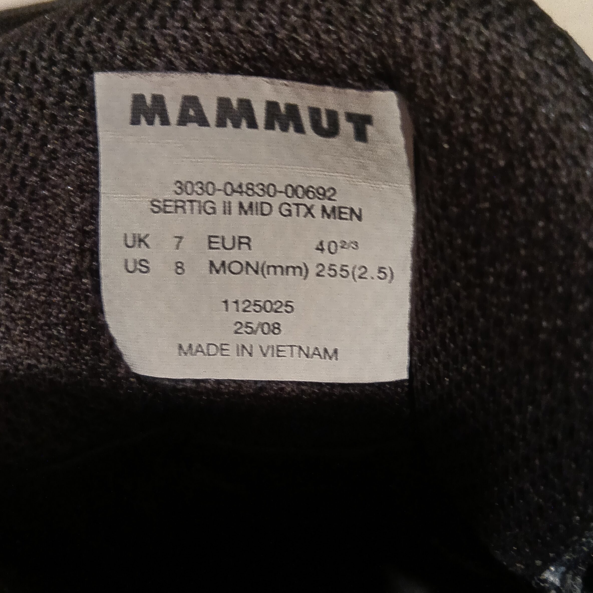 MAMMUT Sertig II Mid GTX Menのサイズ表記タグ(25.5cm)