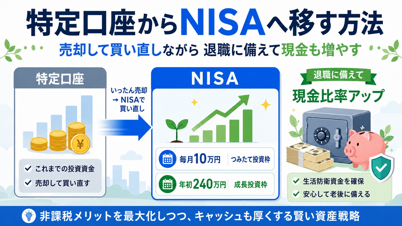 特定口座の3,600万円の投資信託を少しずつ売却しNISAへ移すイメージ
