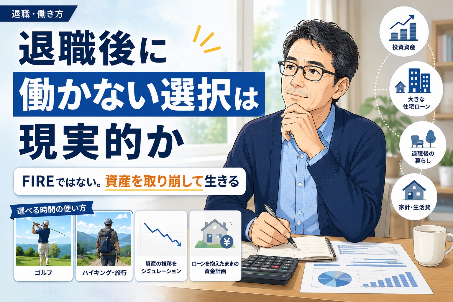 退職後に働かない選択が現実的かをテーマに、資産運用や住宅ローン、生活費を考える50代男性を描いた漫画風アイキャッチ画像