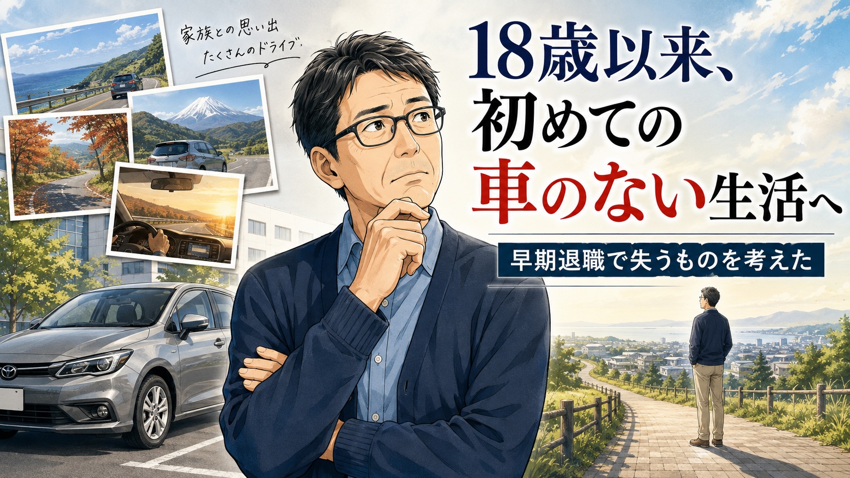 18歳以来初めて車のない生活を迎える早期退職について考える50代男性のイラスト