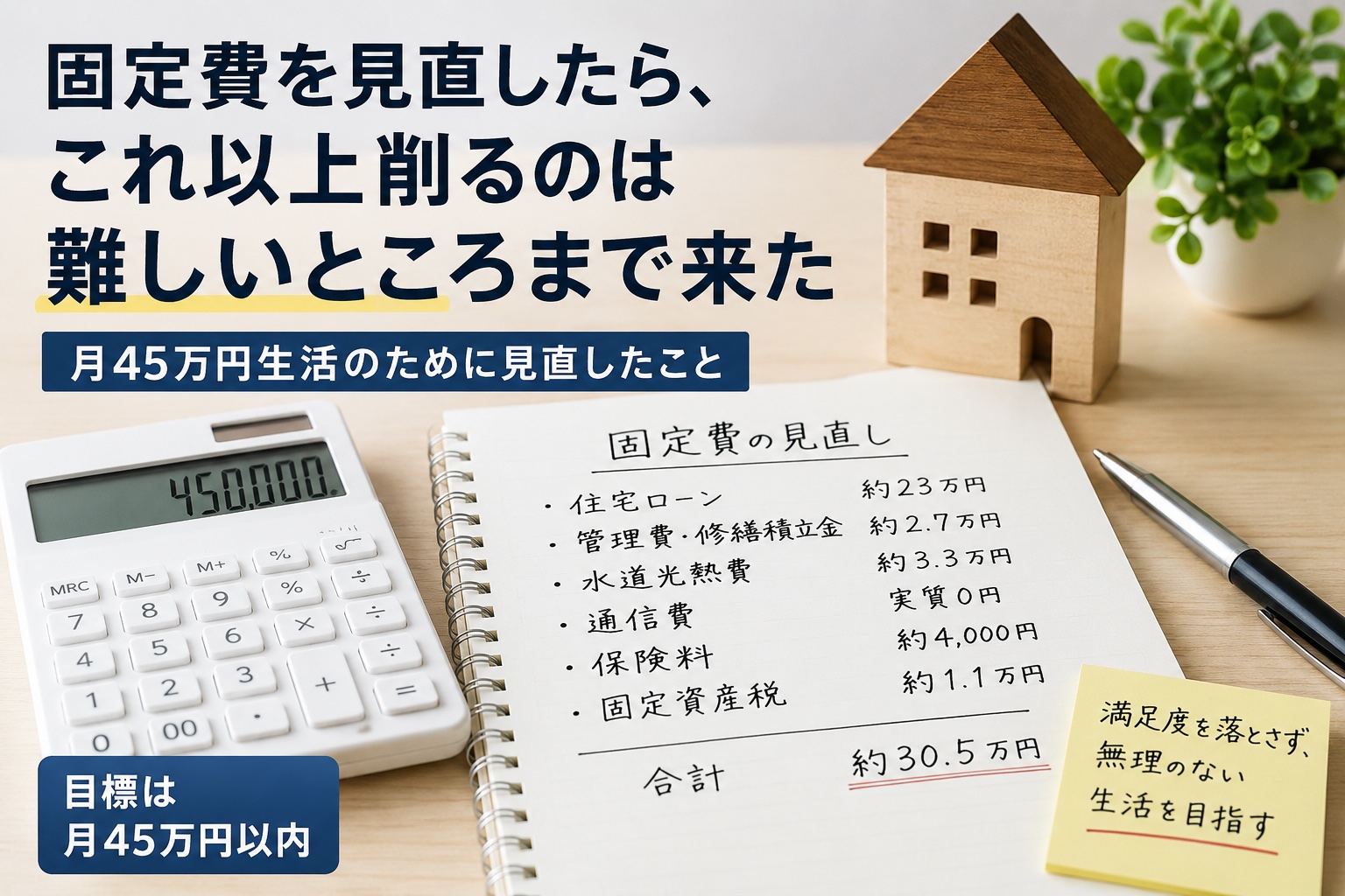 月45万円生活を目標に、住宅ローンや光熱費、保険などの固定費を見直すイメージ