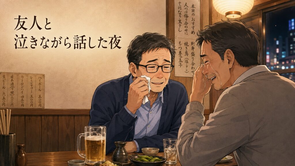 居酒屋で涙を流しながら語り合う、50代の男性と友人の漫画風イラスト