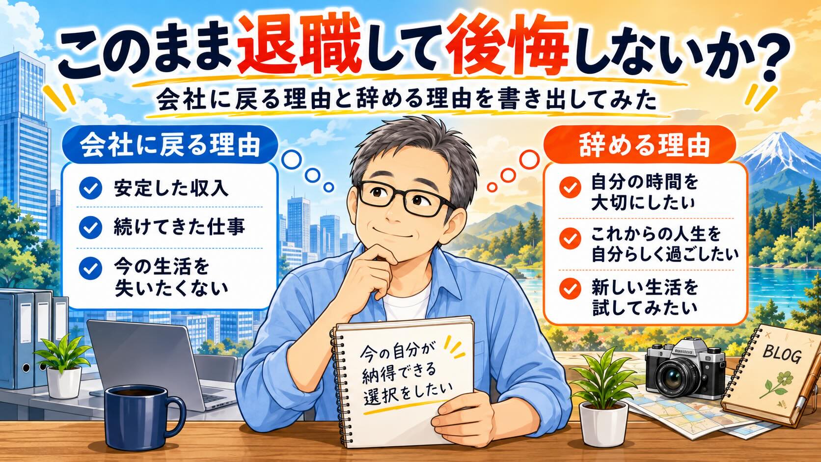 会社に戻る理由と辞める理由を比較しながら、退職するか考えている50代男性のイラスト