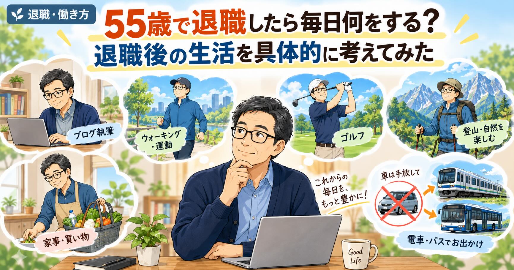 55歳で退職した後の生活を考え、ブログ・運動・ゴルフ・登山・家事・電車やバスでの移動をイメージする50代男性
