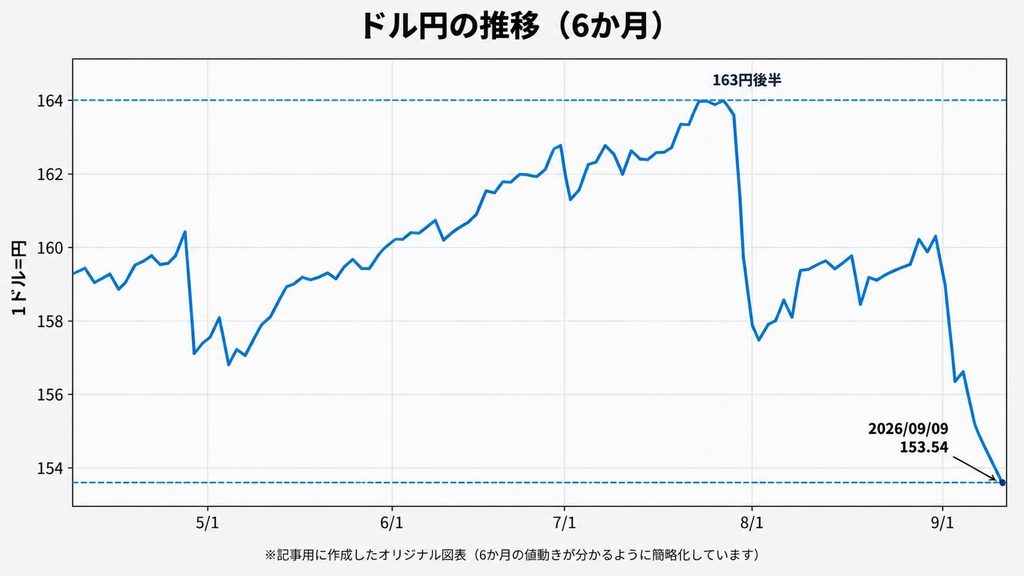 2026年4月〜9月のドル円の6か月推移を示した折れ線グラフ。7月末に163円後半まで上昇した後、9月9日時点では153.54円まで円高が進んでいる。