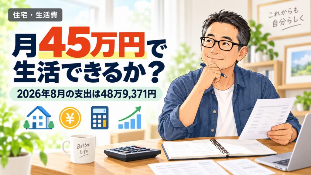 月45万円で生活できるかを考える、2026年8月の支出48万9,371円のアイキャッチ。家計を確認する50代男性と、住宅・お金・電卓・グラフのイメージが描かれている。
