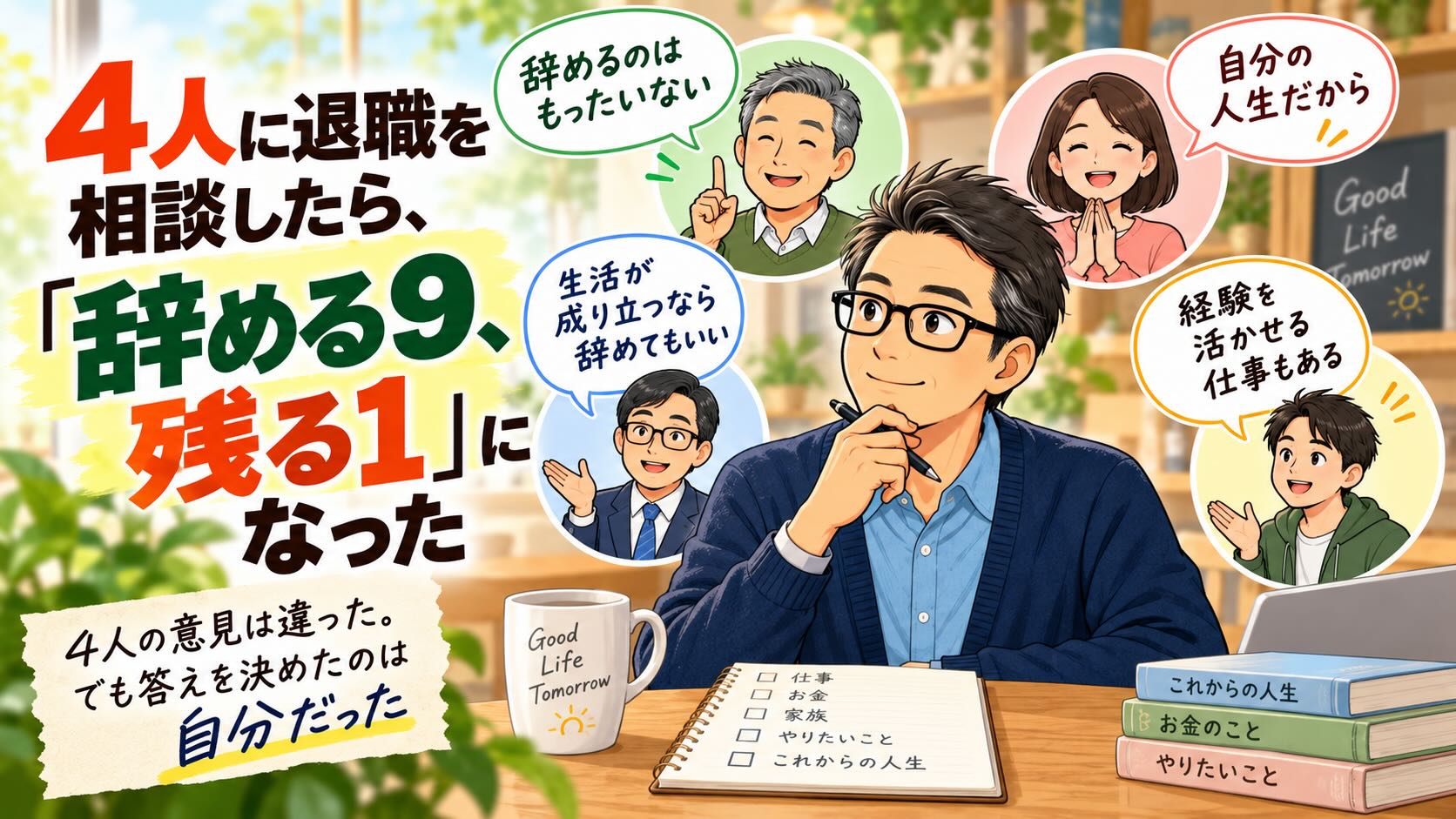 4人に退職を相談し、「辞める9、残る1」と気持ちが傾いた50代男性のイラスト