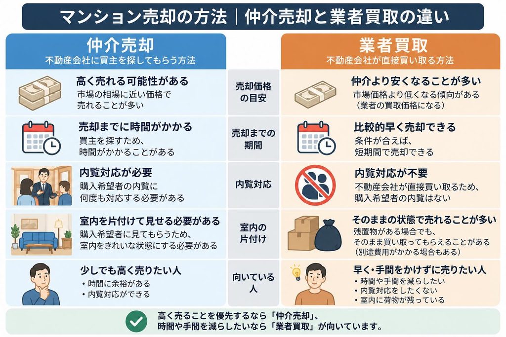 マンション売却の仲介売却と業者買取の違いを、売却価格・期間・内覧・片付け・向いている人で比較した図