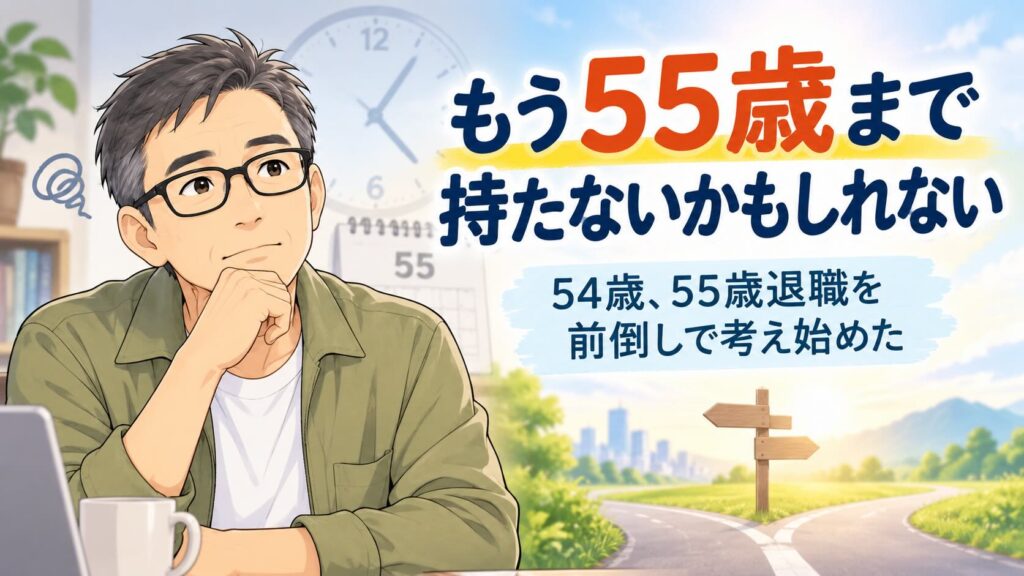 54歳で55歳退職の前倒しを考える男性を描いたアイキャッチ画像
