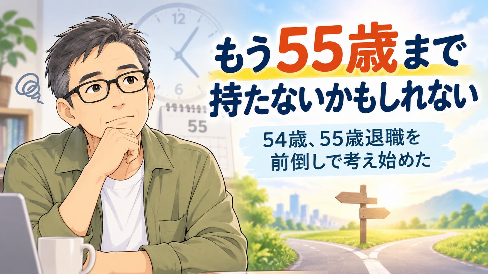 54歳で55歳退職の前倒しを考える男性を描いたアイキャッチ画像