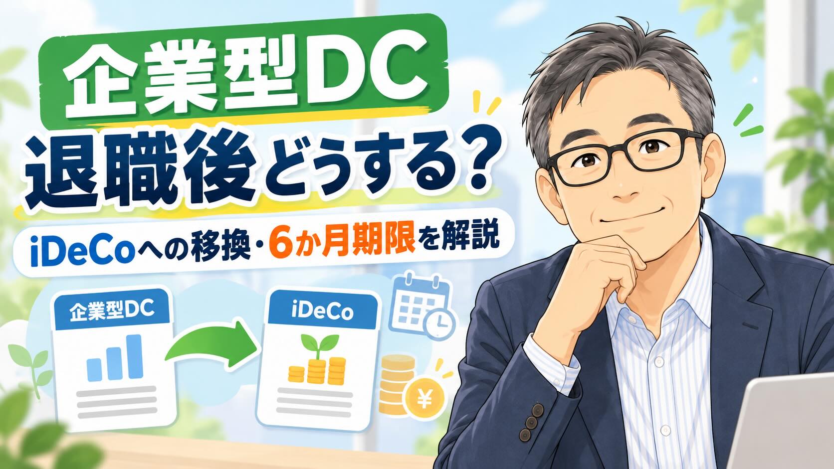 企業型DCの退職後の手続きとiDeCoへの移換、6か月の期限を解説するアイキャッチ画像。50代男性のイラスト付き。
