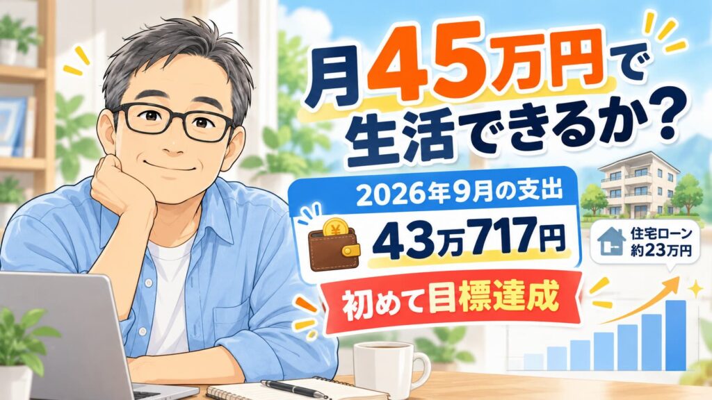 2026年9月の生活費は430,717円。住宅ローン月約23万円を抱えながら、初めて月45万円の目標を達成した54歳男性のイラスト。